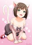  1girl :3 :d all_fours animal_ears artist_name bangs bare_shoulders blush breasts brown_hair brown_skirt cat_ears cat_paws cat_tail cleavage collarbone fang full_body fur_trim green_eyes hanging_breasts head_tilt heart idolmaster idolmaster_cinderella_girls kemonomimi_mode knee_blush long_sleeves maekawa_miku mary_janes off_shoulder open_mouth paws pink_background red_shoes shoes simple_background skirt smile socks solo sparkle sweater tail tomokichi white_legwear 