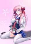  1girl bird blue_eyes blush bow breasts etopen hair_bow haramura_nodoka hokuto_shinken large_breasts long_hair penguin pink_hair saki school_uniform serafuku sitting solo stuffed_animal stuffed_toy thigh-highs twintails wariza 