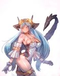  1girl blue_hair bow_(bhp) breasts collarbone detached_sleeves gloves highres horns huge_breasts long_hair looking_back orange_eyes simple_background solo tail thigh-highs 