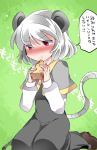  1girl :t animal_ears black_dress blush boots capelet cheese commentary_request dress eating hammer_(sunset_beach) kneeling mouse_ears mouse_tail nazrin red_eyes short_hair silver_hair solo tail touhou translation_request 