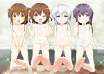  4girls akatsuki_(kantai_collection) aqua_eyes bathroom bell_(oppore_coppore) blush brown_eyes brown_hair collarbone fang feet folded_ponytail foreshortening hibiki_(kantai_collection) ikazuchi_(kantai_collection) inazuma_(kantai_collection) kantai_collection looking_at_viewer multiple_girls one_eye_closed open_mouth purple_hair see-through shaded_face silver_hair sitting smile sparkle steam v_arms violet_eyes yellow_eyes 