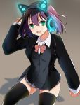  1girl :d axent_wear black_legwear blush bowtie cat_ear_headphones character_request green_eyes looking_at_viewer nonohachi open_mouth pleated_skirt purple_hair saki saki_achiga-hen school_uniform short_hair skirt smile solo thigh-highs tsuruta_himeko zettai_ryouiki 