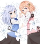  2girls bangs black_ribbon black_skirt blue_eyes brown_hair collared_shirt eyebrows_visible_through_hair flower from_side gochuumon_wa_usagi_desu_ka? hair_between_eyes hair_ornament highres holding_hand hoto_cocoa interlocked_fingers kafuu_chino long_sleeves medium_hair multiple_girls open_mouth rabbit_house_uniform raku_rakugaki ribbon shiny shiny_hair shirt silver_hair skirt violet_eyes white_flower white_shirt wing_collar x_hair_ornament 