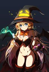  1girl armband basket bat_wings bba1985 blonde_hair blue_eyes boots bowtie breasts cape chain collar fang female gloves hat highleg highleg_panties highres large_breasts long_hair magic navel pale_skin panties simple_background smile solo underwear very_long_hair wings witch witch_hat 