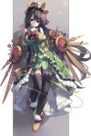  1girl bare_shoulders black_gloves black_hair black_legwear breasts clock closed_mouth crescent dress elbow_gloves frills full_body fur_trim gears gloves green_dress green_eyes hair_ornament hat head_tilt highres holding huanxiang_huifeng long_hair mechanical_wings puzzle_&amp;_dragons smirk solo sun_(symbol) thigh-highs verdandi_(p&amp;d) very_long_hair wings 