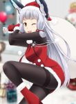  1girl ;d alternate_costume black_legwear blurry bow box depth_of_field fuuma_nagi gift gift_box hair_bow hair_ribbon hat headgear kantai_collection long_hair looking_at_viewer murakumo_(kantai_collection) one_eye_closed open_mouth pantyhose ribbon santa_hat silver_hair smile solo yellow_eyes 