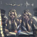  2girls arm_support blonde_hair book inkwell long_hair multiple_girls pointy_ears quill reading realistic red_eyes wlop 
