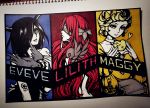  3girls bible bird black_hair blindfold blonde_hair candle character_name cross demon_horns eve_(the_binding_of_isaac) hair_over_one_eye highres horns koreneko lilith_(the_binding_of_isaac) long_hair maggy_(the_binding_of_isaac) marker_(medium) multiple_girls redhead short_hair sketch sketchbook tattoo the_binding_of_isaac traditional_media typo 