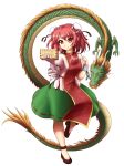  1girl amputee bandages box bun_cover cuffs double_bun dragon eastern_dragon flower highres horns ibaraki_kasen mazume pink_eyes pink_hair rose shoes short_hair simple_background smile tabard touhou transparent_background yellow_eyes 