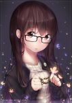  1girl artist_name border bracelet brown_eyes brown_hair butterfly glasses highres jacket jewelry looking_at_viewer original parted_lips solo upper_body yuzas 