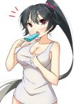  1girl alternate_costume black_hair blush breasts cleavage collarbone kankitsunabe_(citrus) kantai_collection large_breasts long_hair no_pants popsicle red_eyes scrunchie very_long_hair white_background yahagi_(kantai_collection) 