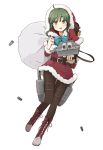  1girl alternate_costume boots brown_eyes cross-laced_footwear enu_(roco_roco44) green_hair hat kantai_collection lace-up_boots looking_at_viewer sack santa_costume santa_hat short_hair short_hair_with_long_locks solo takanami_(kantai_collection) turret 