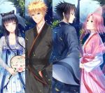  2boys 2girls :&gt; black_hair blonde_hair blue_eyes breasts cleavage column_lineup facial_mark fan from_behind green_eyes haneru haruno_sakura hyuuga_hinata japanese_clothes kimono lavender_hair moon multiple_boys multiple_girls naruto paper_fan pink_hair plant smile uchiha_sasuke uchiwa uzumaki_naruto 