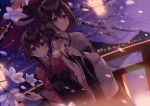  2girls black_hair blue_eyes braid breasts cherry_blossoms detached_sleeves hair_ornament japanese_clothes kantai_collection kureaki_(exit) long_hair multiple_girls nontraditional_miko oriental_umbrella red_eyes shigure_(kantai_collection) short_hair single_braid umbrella yamashiro_(kantai_collection) 
