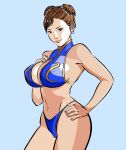  1girl absurdres alternate_costume artist_request blue_background breasts chun-li double_bun female_pervert highres large_breasts solo street_fighter swimsuit 