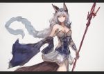  1girl animal_ears armor bare_shoulders braid breasts cleavage collarbone gloves granblue_fantasy heles holding_weapon polearm rean_(r_ean) silver_hair solo spear weapon 