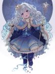  1girl black_legwear blue_dress blue_eyes blush cape commentary_request crown curly_hair dress earrings facepaint gloves highres jewelry leg_ribbon long_hair looking_at_viewer mini_crown open_mouth original ribbon scales scepter silver_hair smile solo star tamaext very_long_hair 