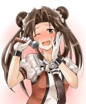  blush brown_eyes brown_hair gloves jintsuu_(kantai_collection) kamelie kantai_collection long_hair microphone naka_(kantai_collection) naka_(kantai_collection)_(cosplay) one_eye_closed open_mouth remodel_(kantai_collection) school_uniform serafuku smile 