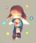  androgynous blush_stickers brown_hair closed_eyes frisk_(undertale) glowing grey_background hanybe heart shirt shorts signature smile solo striped striped_shirt tagme undertale wings 