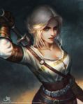  1girl artist_request belt ciri green_eyes half_updo highres lips long_hair looking_at_viewer scar silver_hair solo sword the_witcher the_witcher_3 weapon 