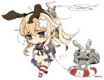  &gt;_&lt; 1girl :&lt; bandaid blonde_hair chibi closed_eyes dated elbow_gloves gloves grey_eyes hairband kantai_collection lifebuoy long_hair mota open_mouth rensouhou-chan sailor_collar shimakaze_(kantai_collection) skirt solo striped striped_legwear tears thigh-highs torn_clothes torn_skirt walking white_background white_gloves 