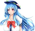  1girl blue_hair bow breasts food fruit hat hinanawi_tenshi huge_breasts hydrant_(kasozama) long_hair open_mouth peach red_eyes ribbon solo touhou 
