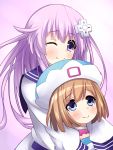  2girls blue_eyes blush brown_hair d-pad hair_ornament hat long_hair multiple_girls nepgear neptune_(series) one_eye_closed open_mouth purple_hair rom_(choujigen_game_neptune) short_hair smile violet_eyes warabi_mochi_(ehimedaisuki) 