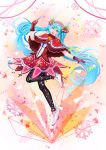  1girl absurdres aqua_hair black_legwear blue_eyes capelet gloves hatsune_miku highres holly_hair_ornament looking_at_viewer mr._j.w one_leg_raised open_mouth pantyhose red_gloves red_skirt shoes skirt solo twintails vocaloid wand white_shoes 
