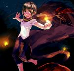  1girl 8tan antennae bangs black_shoes cape flat_chest forest glowing green_eyes green_hair knickers ladybug light nature night night_sky open_mouth outstretched_arms reflective_eyes shiny shiny_hair shirt shoes short_hair sky smile solo star_(sky) starry_sky t-shirt teeth touhou white_shirt wriggle_nightbug 