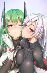  2girls ;&lt; bangs blush bodysuit borrowed_character breast_press breasts cheek-to-cheek collarbone gloves green_hair headset highres masuo menou_kaname multiple_girls one_eye_closed original red_eyes silver_hair tsuru-chan unaligned_breasts upper_body violet_eyes white_gloves 