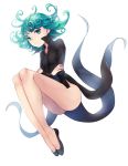  1girl aqua_eyes aqua_hair ass black_dress crossed_arms dress flats flipped_hair floating full_body highres legs_together long_sleeves looking_at_viewer no_panties onepunch_man settyaro short_hair side_slit simple_background small_breasts solo tatsumaki white_background 