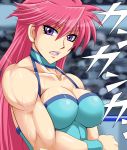  1girl breasts cleavage leotard long_hair mighty_yukiko muscle open_mouth pink_hair solo sweat taroimo_(00120014) upper_body violet_eyes wrestle_angels wrestle_angels_survivor wrestling_outfit wrestling_ring 