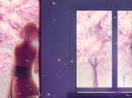  1girl armband cherry_blossoms from_behind haneru haruno_sakura leaning_to_the_side naruto pink_hair solo tree upper_body window windowsill 