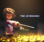  androgynous brown_hair chromatic_aberration closed_eyes english flower_bed frisk_(undertale) highres knife legeh shirt solo striped striped_shirt tagme undertale 