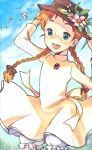  1girl :d anne_of_green_gables anne_shirley aqua_eyes braid brooch dress flower freckles hat hat_flower holding holding_hat jewelry leaf long_hair long_sleeves open_mouth orange_hair ro_(igris-geo) smile solo sun_hat turtleneck twin_braids very_long_hair yellow_dress 