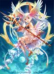  1girl angel armor blue_eyes breastplate copyright copyright_name flying from_below fuji_choko head_wings holding_staff kneehighs last_chronicle long_hair official_art planet shoes sky smile staff tama_(wixoss) twintails very_long_hair white_hair wide_sleeves wings_angel_wings wixoss 