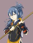  1girl blue_hair fire_emblem fire_emblem_if lance long_hair oboro_(fire_emblem_if) polearm ponytail purple_background simple_background solo violet_eyes weapon 