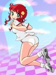  1girl 70s :d artist_name bare_legs buruma checkered checkered_floor curly_hair full_body g-hiiragi green_eyes hair_ornament heart highres jumping kanzaki_megu looking_back majokko_megu-chan official_style oldschool open_mouth redhead shirt shoes short_hair sidelocks smile solo t-shirt teeth 