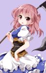  1girl apron blush frills hair_bobbles hair_ornament japanese_clothes onozuka_komachi open_mouth pink_hair puffy_short_sleeves puffy_sleeves purple_background red_eyes ruu_(tksymkw) scythe short_hair short_sleeves simple_background smile solo touhou twintails 