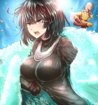  &gt;:o 1boy 1girl :o bald belt black_eyes black_hair blush bodysuit boots breasts floating_rocks fubuki_(onepunch_man) full_body fur fur_cape gloves green_eyes hair_between_eyes jewelry knee_boots large_breasts levitation necklace nose_picking onepunch_man open_mouth red_boots red_gloves saitama_(onepunch_man) short_hair skin_tight tai_(nazutai) upper_body white_cape zipper 