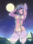  1girl arms_behind_back arms_up ayanami_rei blue_hair blush bodysuit breasts evangelion:_2.0_you_can_(not)_advance full_moon hair_ornament looking_at_viewer moon navel neon_genesis_evangelion plugsuit rebuild_of_evangelion red_eyes see-through short_hair skin_tight solo test_plugsuit water wet yuksi 