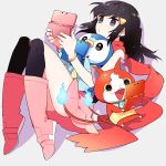  1girl black_eyes black_hair black_legwear blue_fire boots bracelet fire gum_(gmng) hair_ornament hairclip handheld_game_console haramaki hikari_(pokemon) jewelry jibanyan long_hair multiple_tails nintendo_3ds notched_ear open_mouth pink_boots piplup playing_games pokemon pokemon_(creature) pokemon_(game) pokemon_dppt tail thigh-highs two_tails white_background youkai youkai_watch 