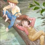 2014 2boys barefoot blue_pants dated fishing friends grass hat hat_removed headwear_removed huckleberry_finn leaf lying mouth_hold multiple_boys oekaki on_back pants river sakai_yume sitting the_adventures_of_tom_sawyer thomas_sawyer tree vines water 