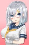  breasts glasses hair_ornament hamakaze_(kantai_collection) hand_on_glasses kantai_collection sin_(kami148) solo tagme white_hair 