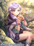  1girl apple book boots bottle bread cape eating fire_emblem fire_emblem:_souen_no_kiseki fire_emblem_cipher flower food fruit fumi_(butakotai) hair_flower hair_ornament ilyana long_hair official_art open_mouth purple_hair rock sitting solo twintails violet_eyes 