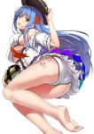  1girl ass barefoot bikini blue_hair breasts food fruit hat hinanawi_tenshi large_breasts long_hair looking_at_viewer neropaso open_clothes open_mouth open_shirt red_eyes shirt side-tie_bikini solo swimsuit touhou under_boob very_long_hair watermelon white_bikini white_swimsuit 