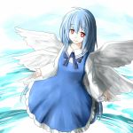  1girl ao-shiba blue_hair feathered_wings red_eyes sariel sash solo touhou touhou_(pc-98) wide_sleeves wings 