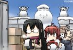  3girls alternate_costume black_hair box cardboard_box character_request commentary_request glasses hairband hamu_koutarou kantai_collection long_hair multiple_girls ooyodo_(kantai_collection) scarf snowball snowman 