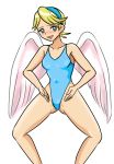  1girl angel_wings artist_request bare_shoulders blonde_hair blush breasts breath_of_fire breath_of_fire_iv hairband leotard meme nina_(breath_of_fire_iv) open_mouth short_hair smile solo swimsuit white_background white_wings wings 