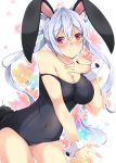  1girl ahoge animal_ears bare_shoulders black_swimsuit breasts bunny_tail cleavage collarbone competition_school_swimsuit covered_navel cowboy_shot floral_background hair_between_eyes hand_on_own_chest highres large_breasts leaning_forward long_hair looking_at_viewer matoi_(pso2) milkpanda off_shoulder one-piece_swimsuit phantasy_star phantasy_star_online_2 rabbit_ears red_eyes silver_hair simple_background skin_tight smile solo swimsuit tail thighs twintails wrist_cuffs 